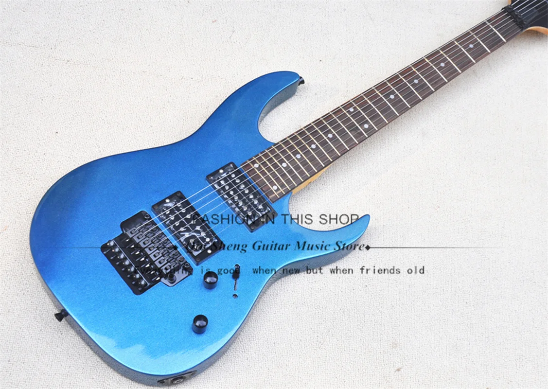 7 String Electric Guitar RG Metal Blue Guitar  Basswood Body  Rosewood Fingerboard Tremolo Bridge Black Tuners 24 Frets