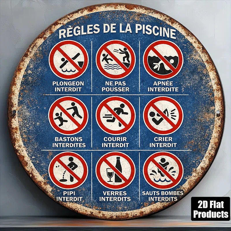 2D Metal Sign 8x8in Round Aluminum Pool Rules Vintage Plaque No Diving No Shoving No Holding Breath Decorative Wall Art for Pool