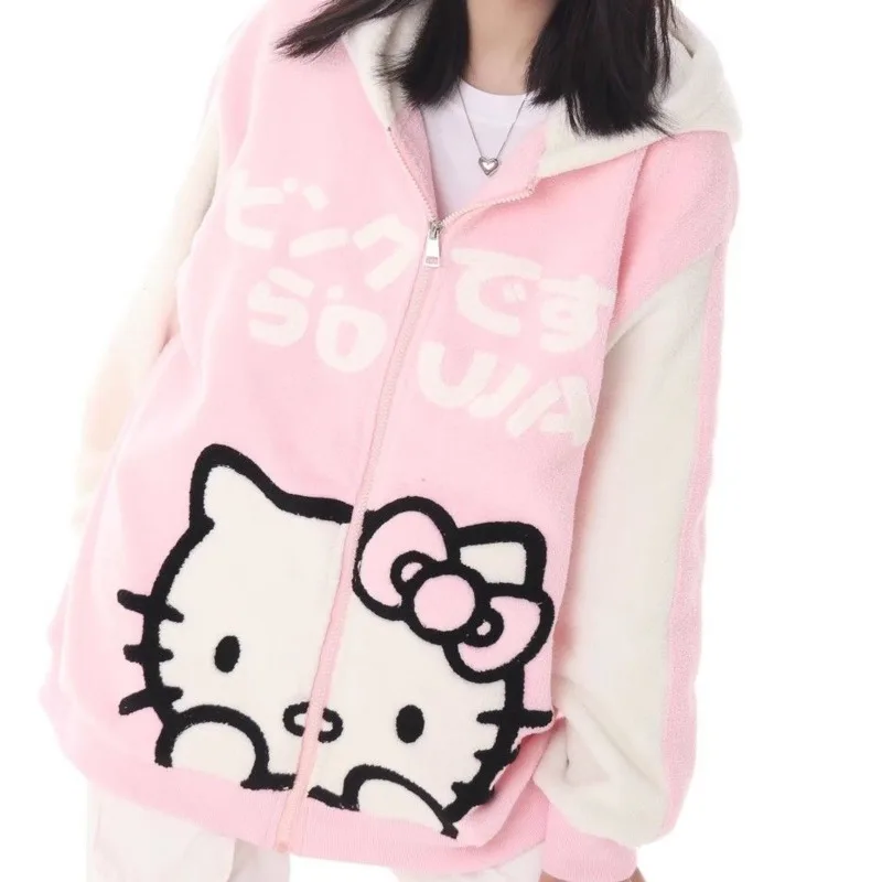 

New Sanrio Hello Kitty Hoodie Zip Up Kawaii Sweater Woman Winter Sweatshirt Top Loose Long Sleeve Thickened Oversize Y2k Clothes