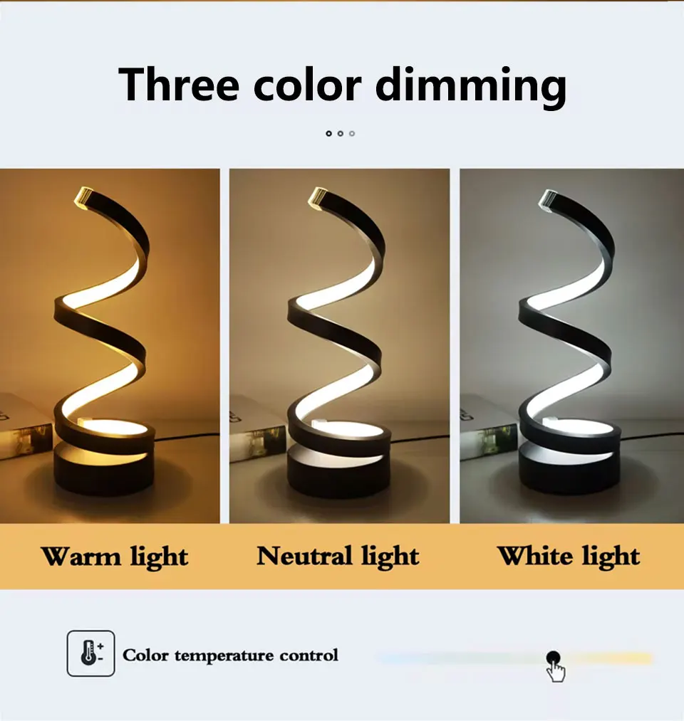 USB Plug in Creative Spiral LED Night Light Dimmable 3 Colors Adjustable for Living Room Office Desk Table Bedroom Bedside Decor
