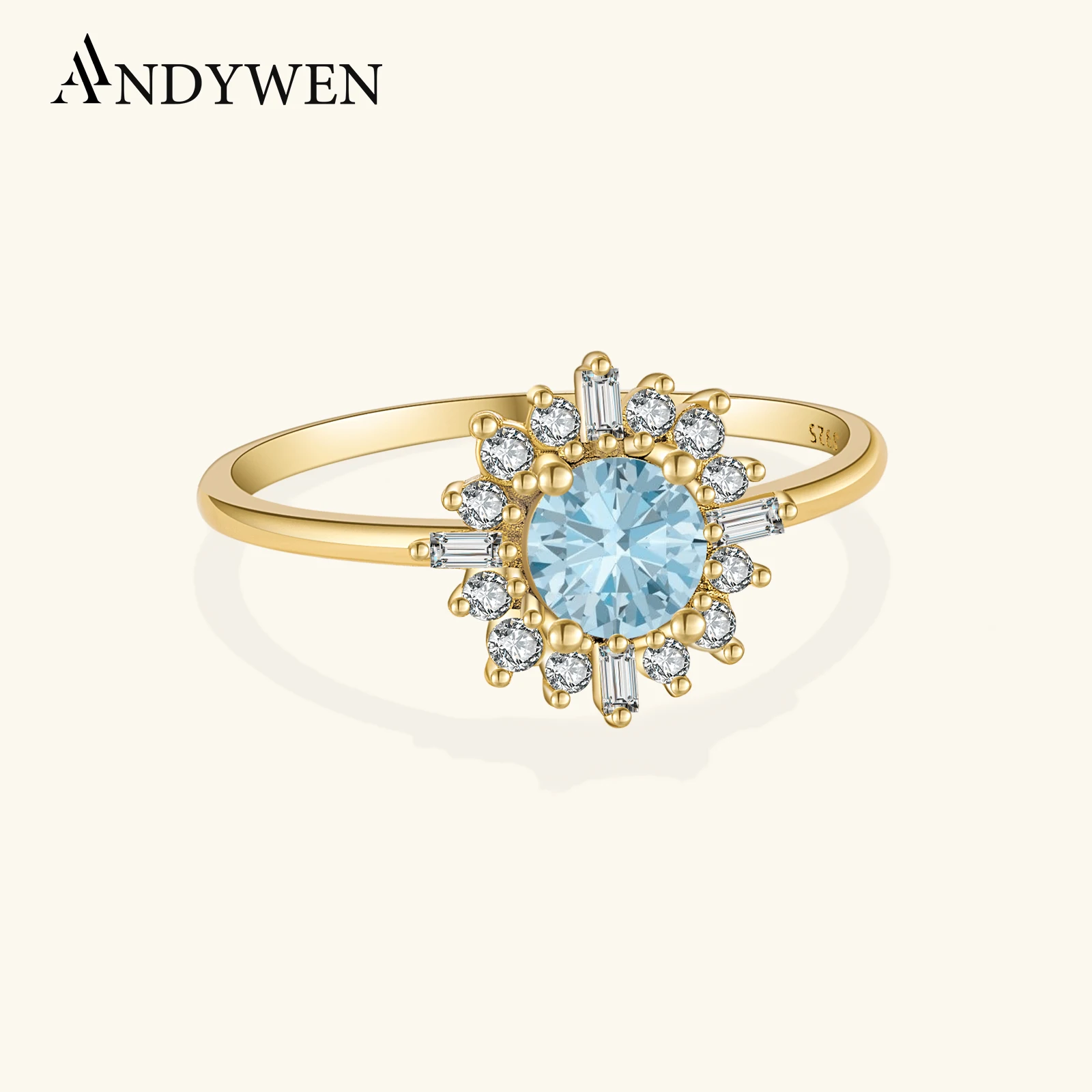 

ANDYWEN 925 Sterling Silver Sun Flower Aquamarine CZ Zircon Circle Ring Gemstone Luxury Wedding Engagement Jewelry for Women
