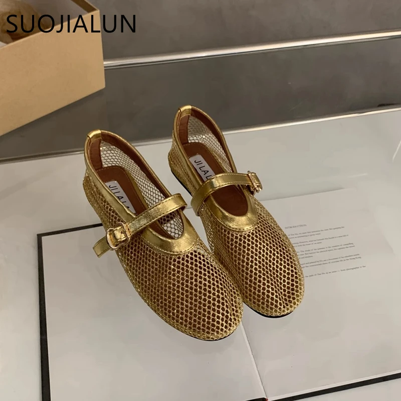 SUOJIALUN 2024 Summer New Brand Women Flat Shoes Fashion Mesh Ladies Elegant Mary Jane Shoes Soft Sole Outdoor Dress Ballerinas