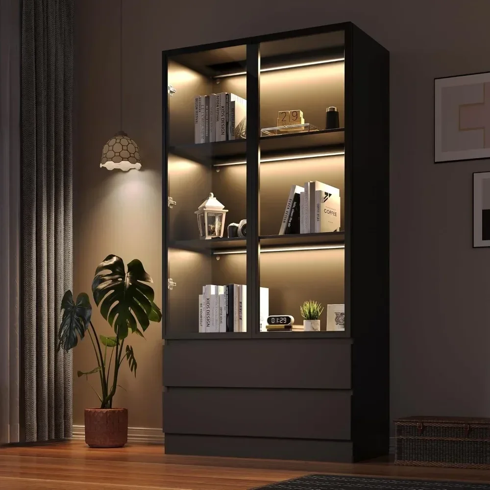 XMSJ vitrina de vidrio con luces de puertas de vidrio, vitrina de almacenamiento, librería iluminada para el hogar y la Oficina, pantalla de vidrio