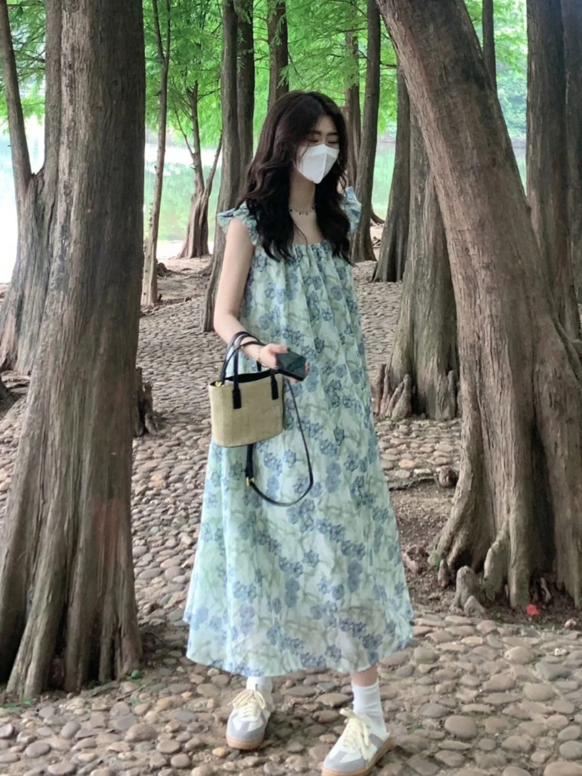 Vestido longo azul com estampa floral, estilo fresco para mulheres, verão 2024, férias na praia, alças, versão coreana, saia ...