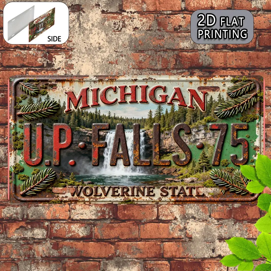 Pintura Plana 2D, 1 Pieza, Vintage, de la Península Superior de Michigan (U.P.) Letrero de pared Falls - Placa de metal retro con temática de UP MI para el hogar, cabaña, oficina