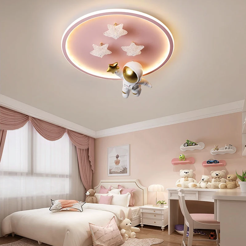 Modern Astronaut Led Ceiling Lamps For Children\'s Room Bedroom Study Kids Baby Cartoon cute pink Spaceman Star Chandelier Lights