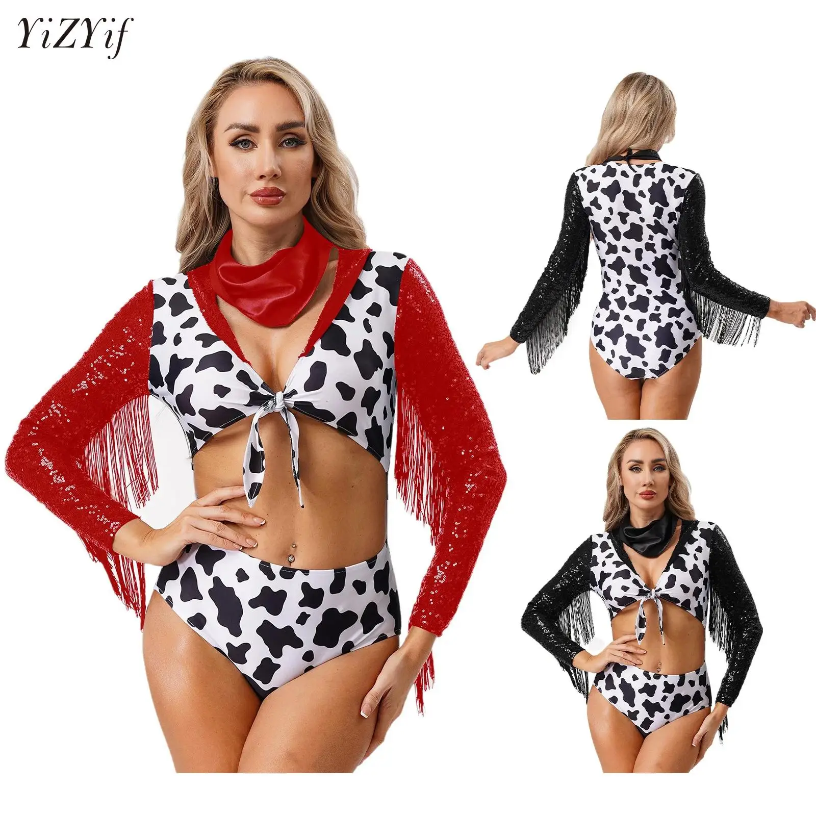 

Women Cowgirl Bodysuit Front Tie Knot Sequin Long Sleeves Tassels Bodysuit with Neck Scarf Halloween Cosplay Theme Party Costume