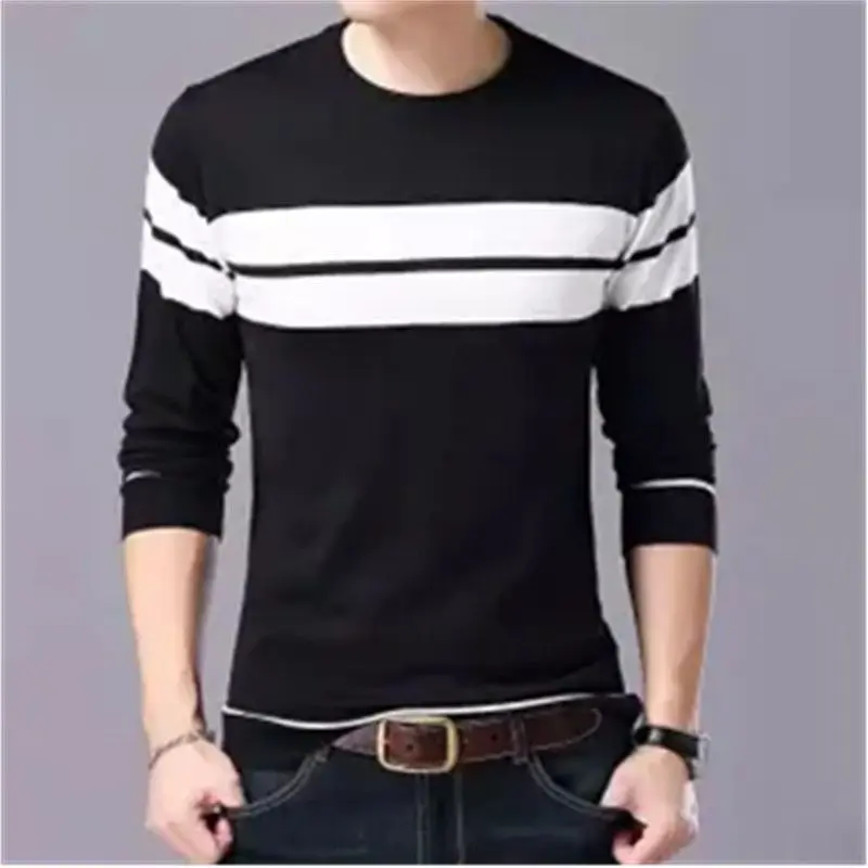 2023 Spring Autumn Men's New Fashion Clothing Casual Commuting Round Neck Stripe Contrast Color Comfortable Slim Fit Father Top