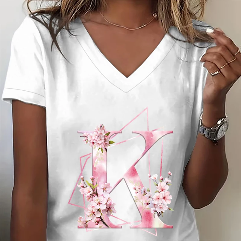 A-Z 26 Alphabet Flower Graphic Tee Women's Clothing Pink Flower Alphabet Gift T-shirt Female Cherry Blossom 26 Initials T-shirt