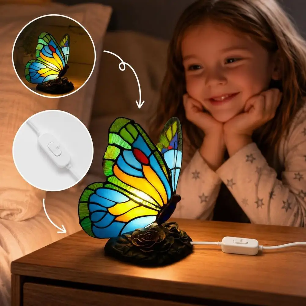 Cute Bedside Table Lamp Butterfly Rose Nightstand Lamps Stained Glass Wing Shade LED Night Light Home Decor Romantic Home Gift