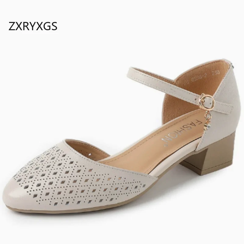 

ZXRYXGS 2026 New Summe Top Cowhide Hollow Pointed Sandals Thick Mid Heel Sandals Women Real Leather Shoes Large Size Sandals 43