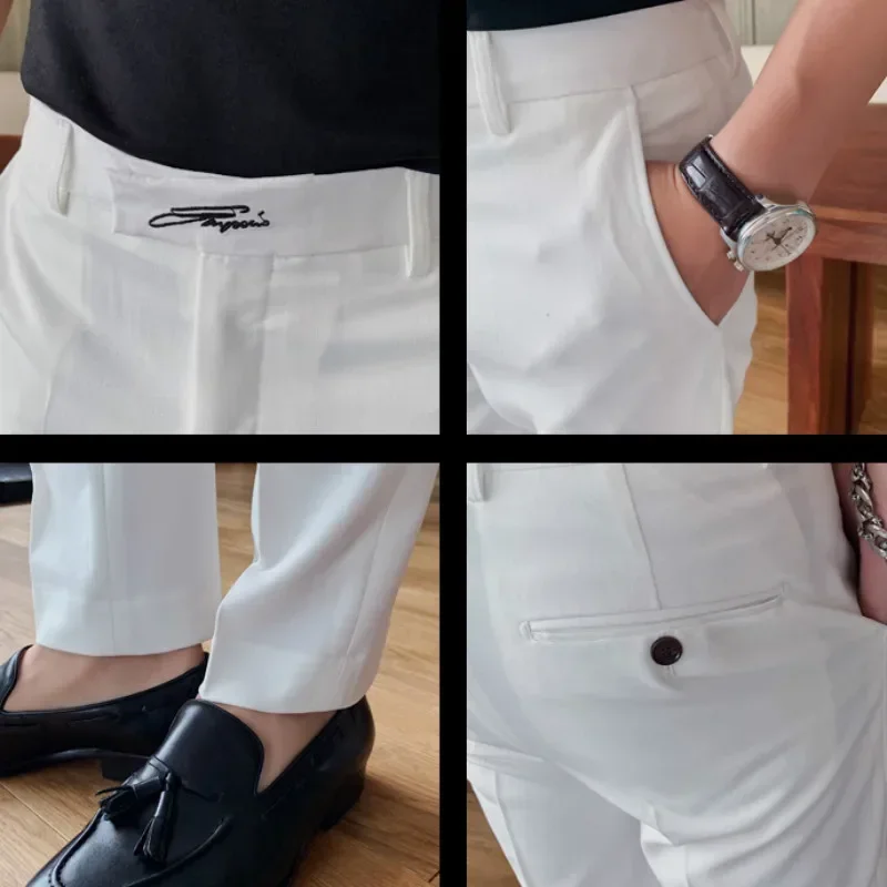 Black White Embroidered Business Formal Pants Men Korean Style Slim Office Social Suit Pants High Quality Streetwear Ankle Pants