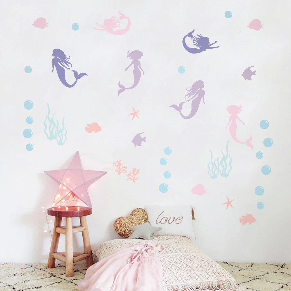 6sheets/set Beautiful Mermaid Wall Sticker Shiny Colorful Wall Decal Cute Decoration  Baby Girl Kids Child Room Home Decor