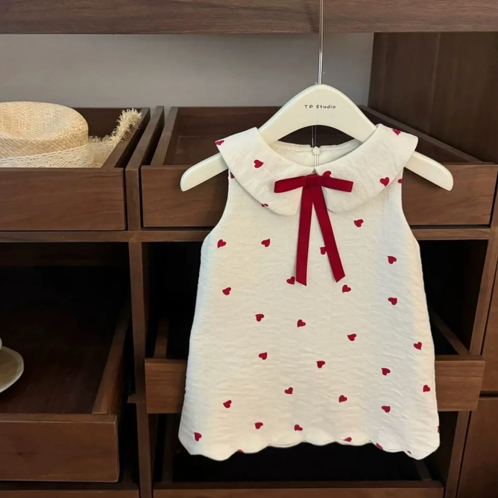 Girls White Heart-shaped Printed Dress Summer Korean Western-style Peter Pan Collar Sleeveless Princess Dress