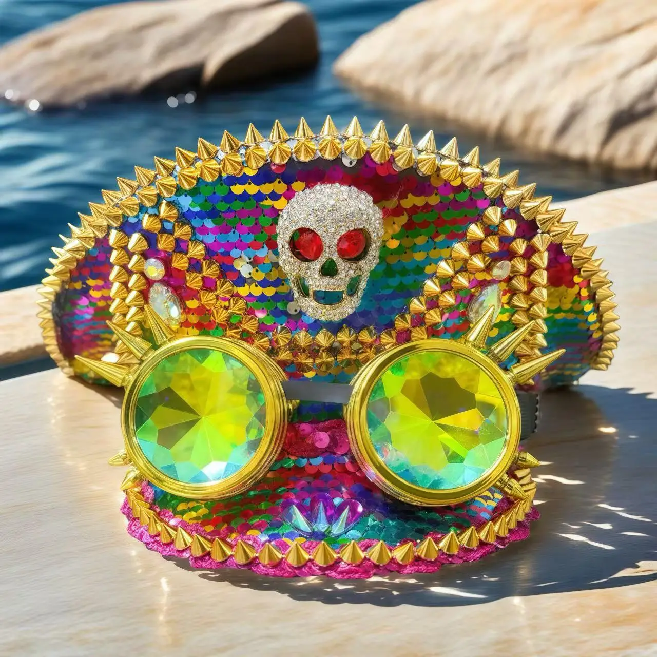 ホンルアン ゴールデンゴーグル キャプテンハット ラインストーン付き 音楽祭 女性用 カーニバルコスチュームハット＆コスプレ 女性用アクセサリー