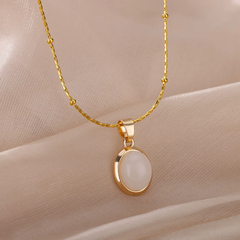 Stainless Steel Round Opal Moonlight Pendant Necklace For Women Choker Vintage Small Bead Chain Necklaces Jewelry Gift Collier