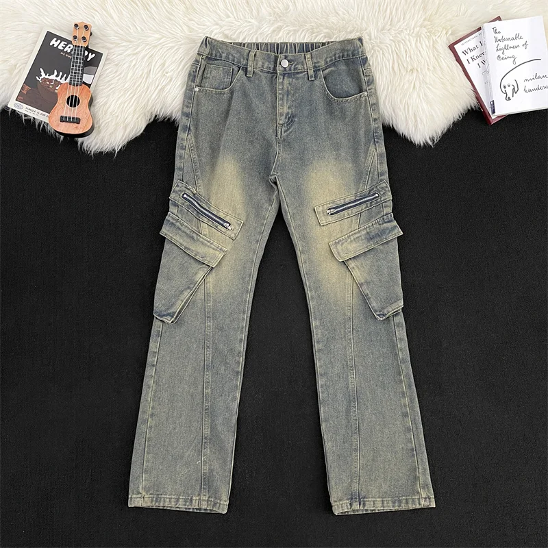 

Повседневная прямая мужская рабочая одежда, джинсы с несколькими карманами в стиле ретро, свободные летние джинсы для подростков