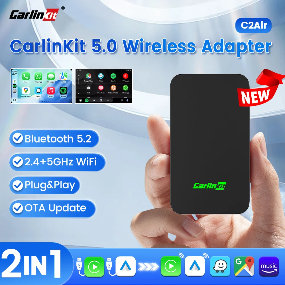 C2Air CarlinKit 5.0 Wireless CarPlay Adapter for OEM Car Wired to Wireless Android Auto CarPlay Box Mini Dual Mode Bluetooth 5.2