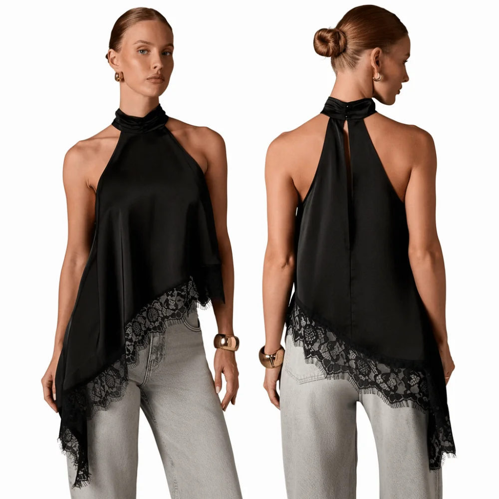 

New Vintage Lace Tanks Tops Sleeveless Sexy Satin Halter Tops Chic Lace Patchwork Blouse Party Evening Shirts Lady