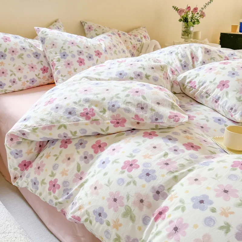 

Colorful Floral Style Bedding Sets Romantic Flowers Duvet Cover Single Queen Size Washed Cotton Bedclothes Girls Home Textiles