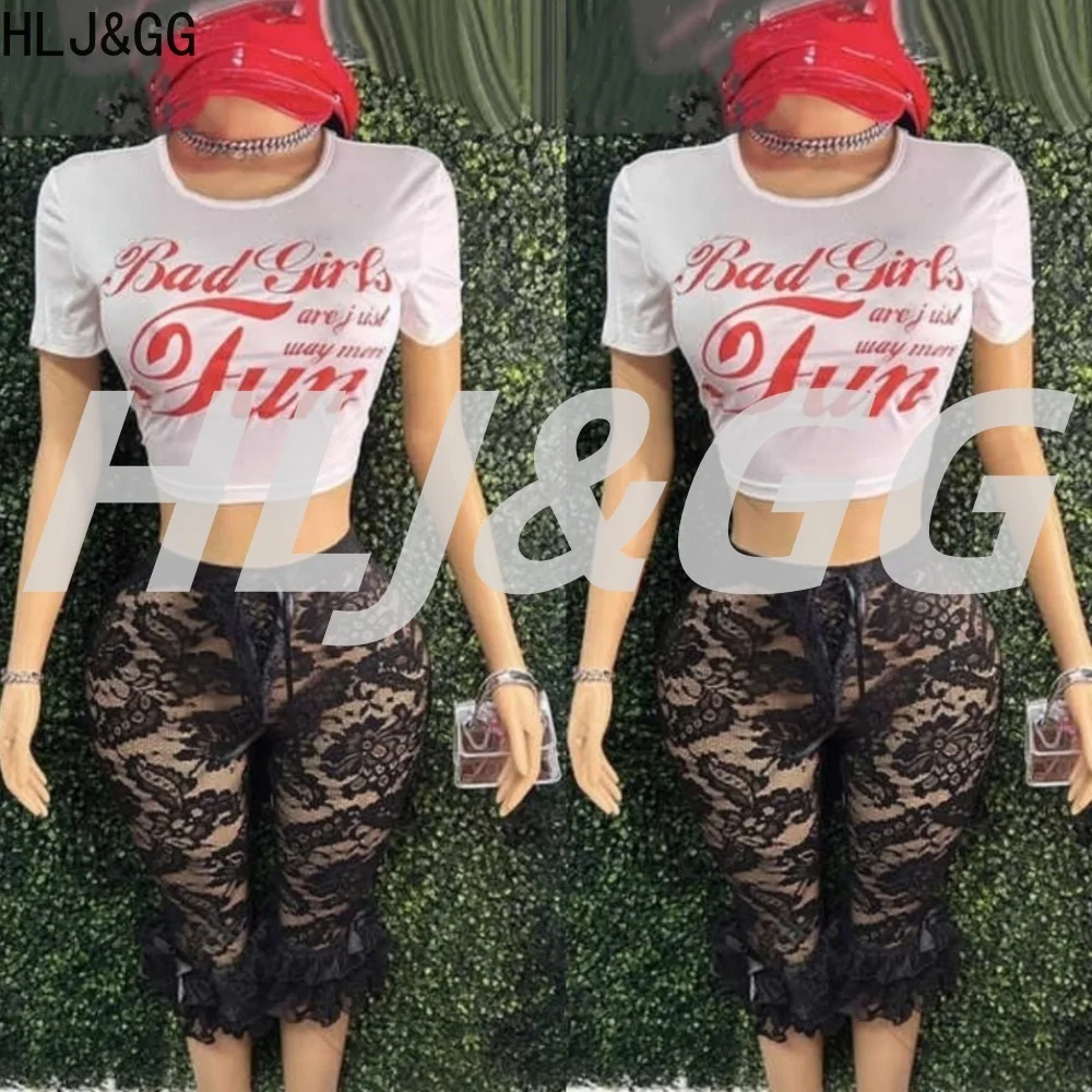 

HLJ&GG Fashion Y2K Trend Lace See Though Ruffle Shorts Two Piece Sets Women O Neck Short Sleeve Crop Top And Shorts Streetwear