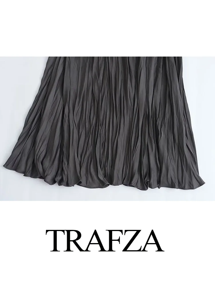 TRAFZA 2024 Summer Elegant Long Skirts Women\'s Trendy Solid Color Folds Elastic Waist Female New Fashion Casual Loose Skirts