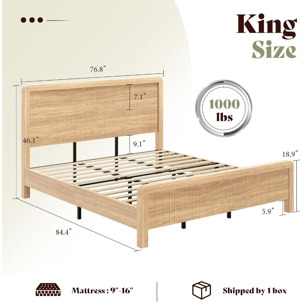 AMERLIFE Wood Full Size Bed Frame with Fluted Headboard and Footboard, Oak