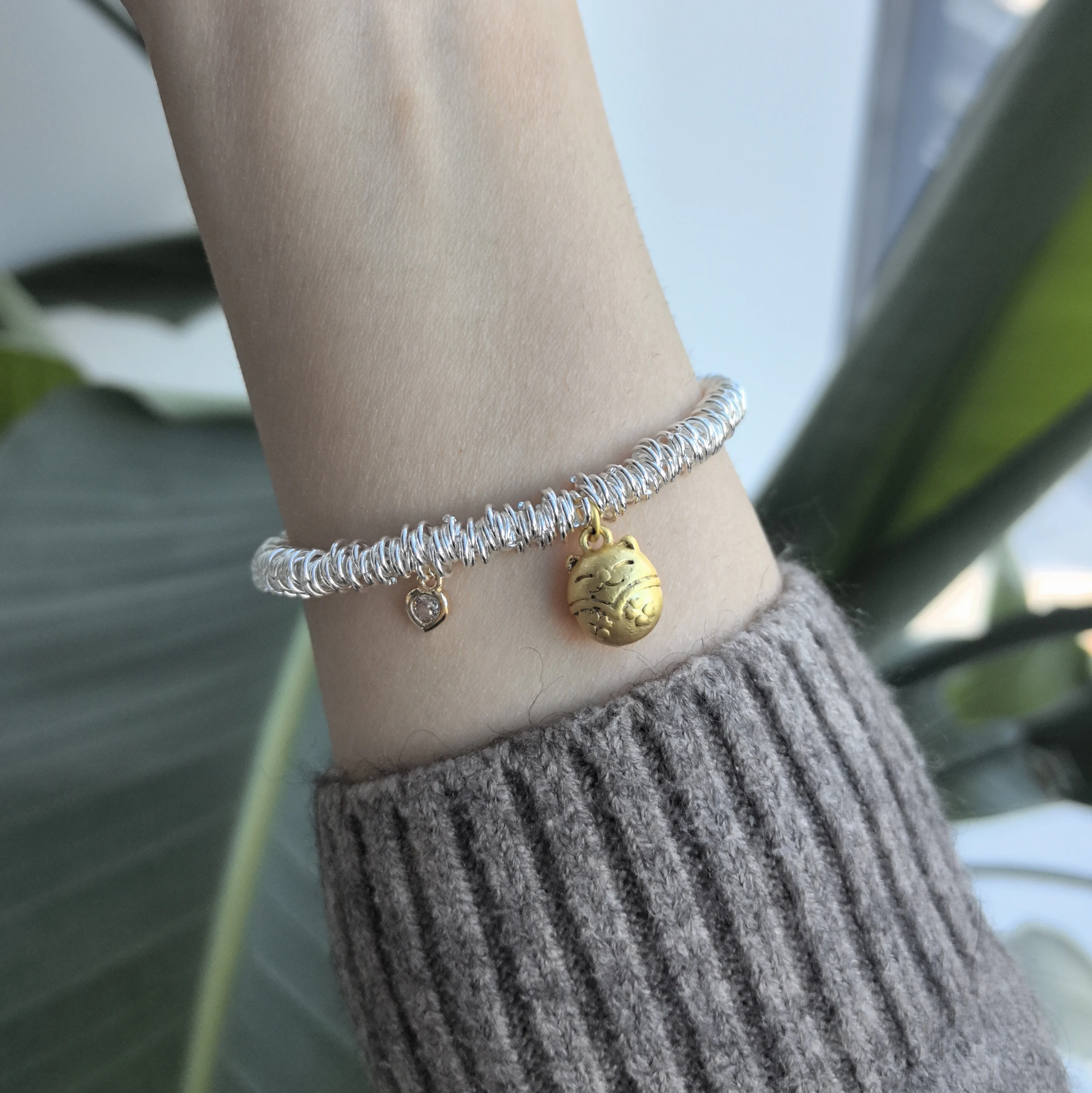 925 Sterling Silver Bracelet Lucky Cat Good Wish Heart Vintage Gold Color For Woman Girl Fashion Jewelry Gift Dropship Wholesale