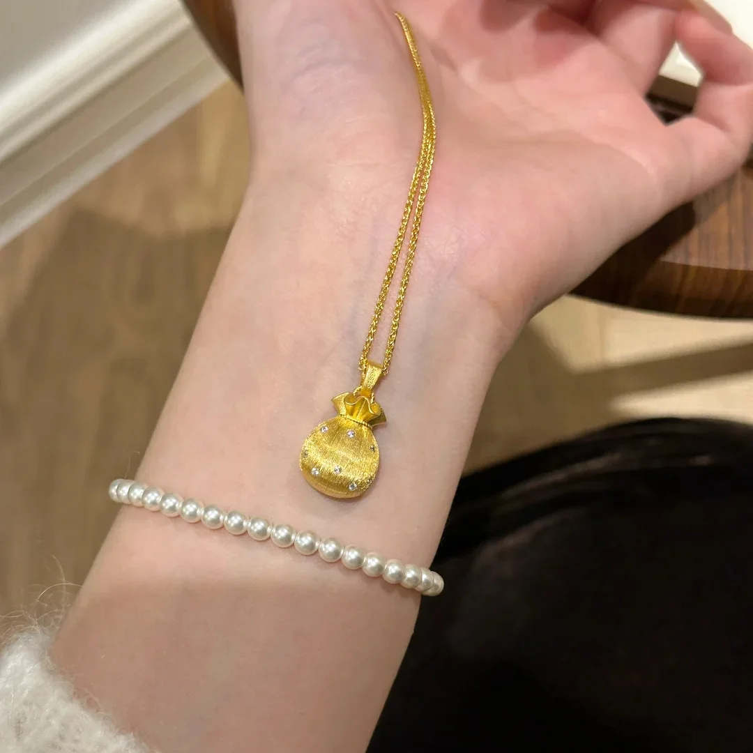 Retro Exquisite 3D Lucky Bag Gold Color Pendant Inlaid Small Zircon Necklaces Clavicle Chain For Women Cute Neck Accessories
