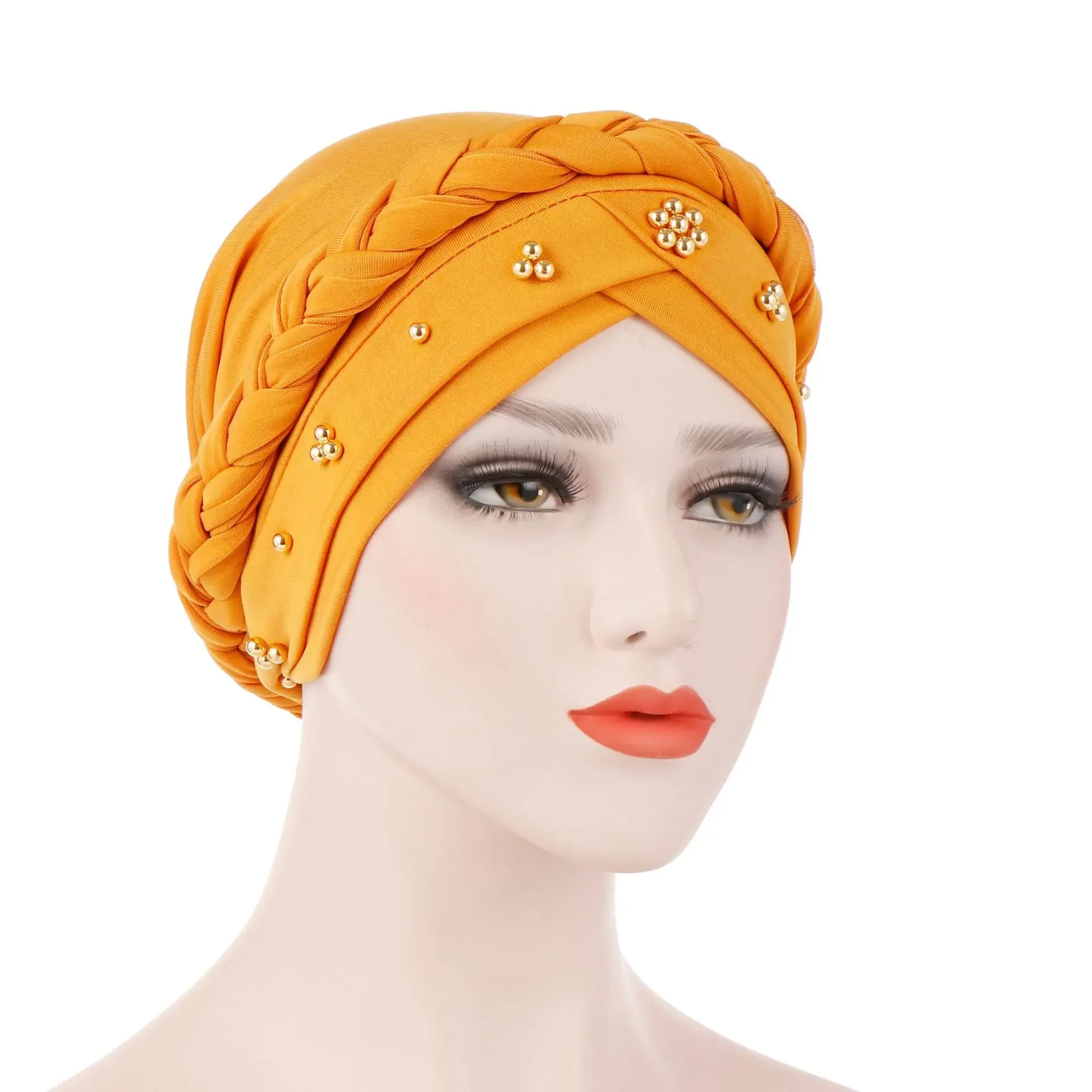 Muslim Fashion Hijabs Women Indian Turban Hair Loss Bonnet Hats Solid Color Headwear Black White Inner Head Cover Beaded