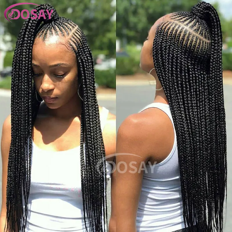 Perruque tressée synthétique Cornrow pour femmes noires, partie latérale, pleine dentelle, tresses torsadées, cheveux de bébé, tressage sans nœuds, 36"