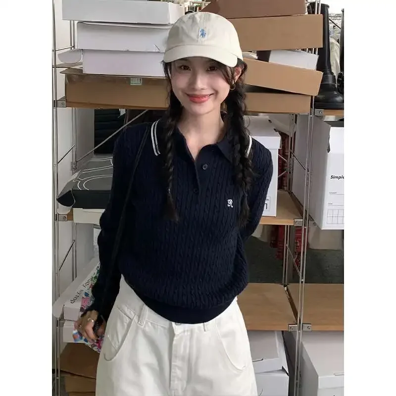 Deeptown Vintage Embroidery Polo Sweaters Women Korean  Preppy Style Knitted Pullover Old Money Long Sleeve Gray Jumpers Classic