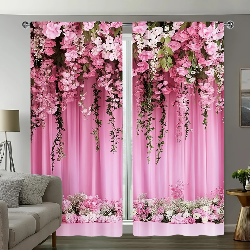 2pcs Red flowers printed curtains, pole bag curtains 30*65, bedroom and living room, room decoration, home decoration