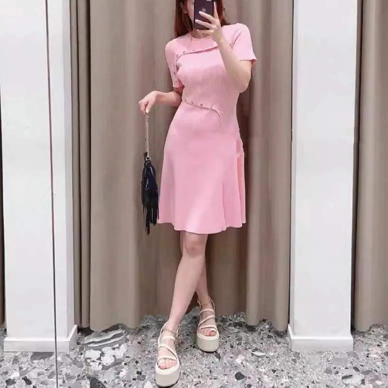 

Threaded Sweet dress pink commuter temperament, waist cinching buckle slim fit short sleeved single M home 24 autumn French