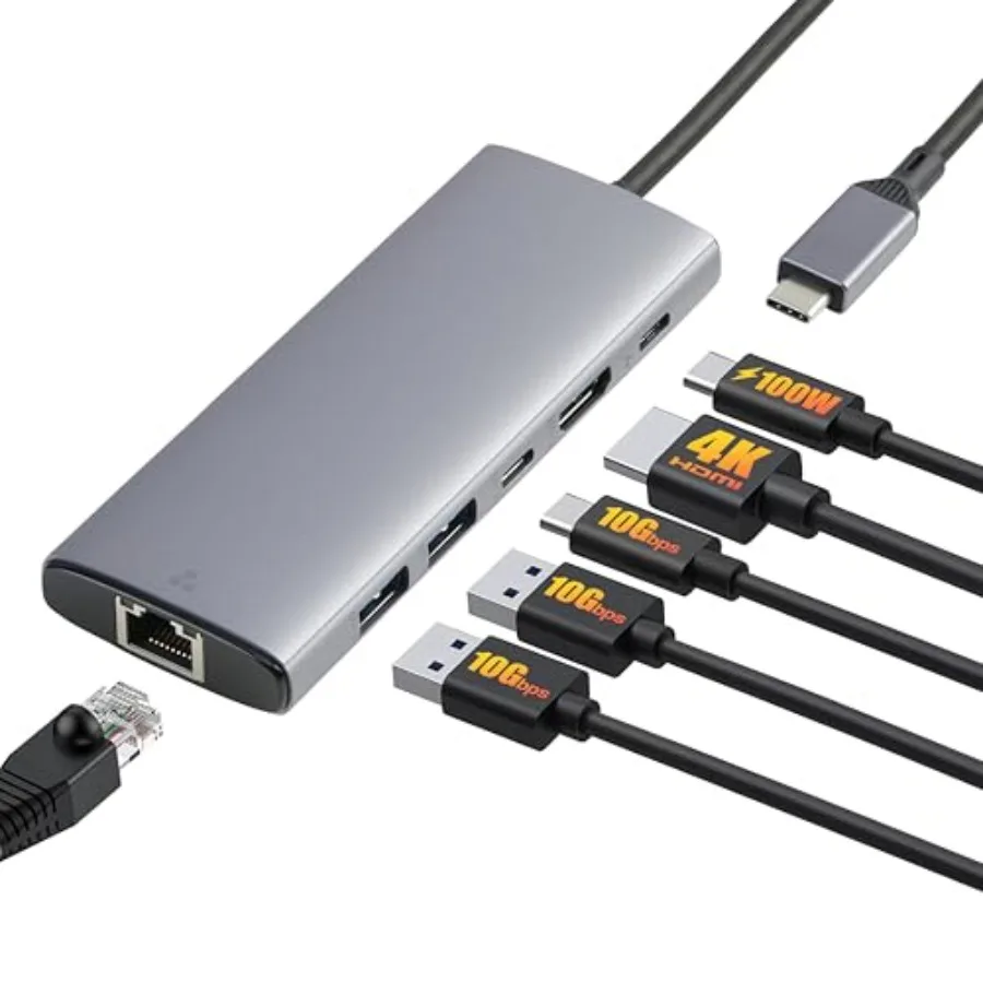 

Многопортовый USB-C 3.2 10G-хаб 6-в-1 с поддержкой Power Delivery 100 Вт, 4K HDMI, Ethernet, 2 порта USB-A, 1 порт USB-C, светло-серый, 4.70 x 1.81 x 0.70 см