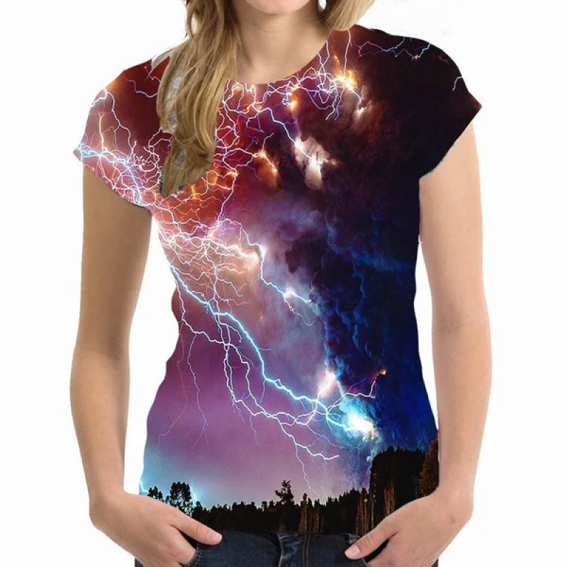 Summer Lightning Landscape 3D Print T-shirts Women Streetwear Casual Fashion Y2k Short Sleeve T Shirt O-neck Tees Tops Clothing