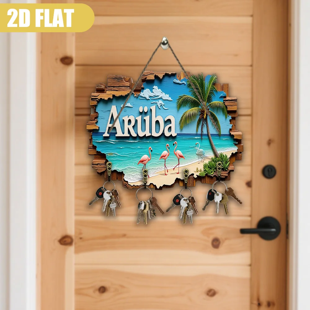 Colgador de llaves tropical Aruba Paradise, grande organizador de llaves montado en la pared de madera de 23x30cm (9x12 pulgadas) con palmeras, flamencos y