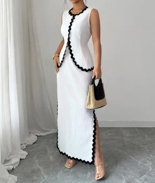 Two Piece Set Women Outfit 2025 Summer Elegant Temperament Lace Round Neck Sleeveless Vest & High Waist Casual Half Skirt Set