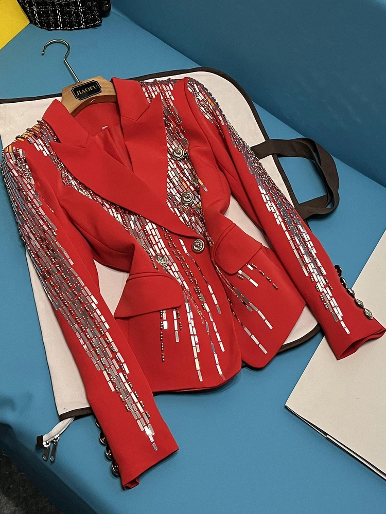 

Red Sequin Embellied Heavy Du Diamond Women's Suit Jaet High Faion Commute Sle Long Sve Double Buttoned Coat