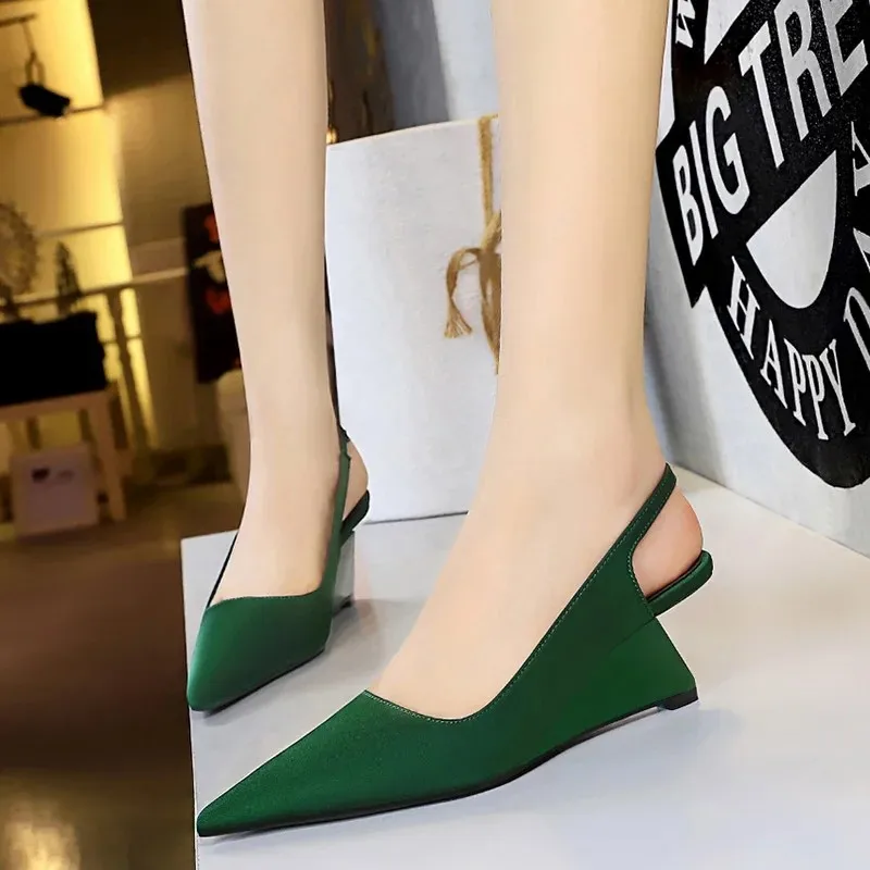 BIGTREE Korean Women Orange Green 6.5cm High Heels Wedges Slingback Sandals Designer Pointed Toe Back Strap Pumps Party Shoes