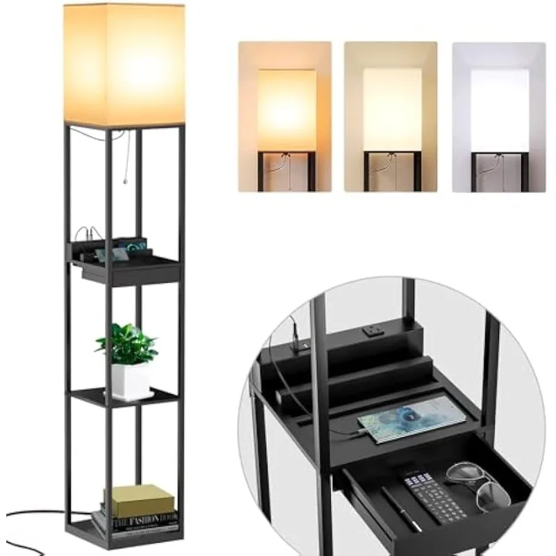 

Shelf Floor Lamps for Living RoomTall Standing Lamp with Shelves and Drawer,2 USB Charging Ports & 2 Power Outlet