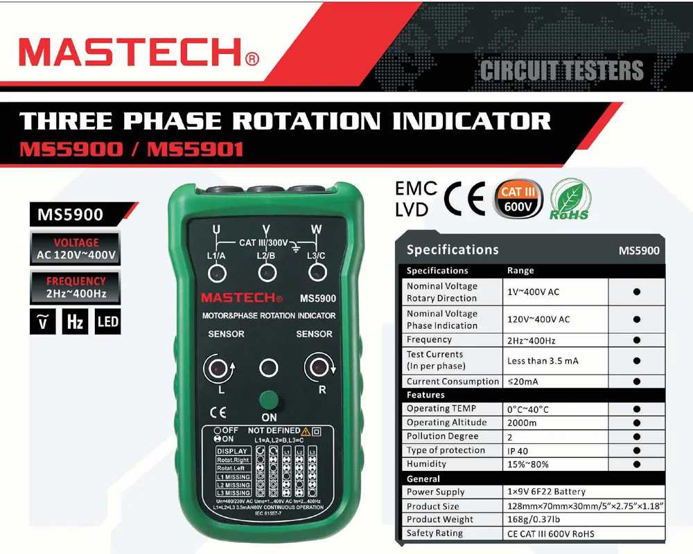 MS5900 wskaźnik pola LED tester rotacji fazy 3 miernik silnika Tester sekwencji bezdotykowy wskaźnik pola obrotowego multimetr LCD