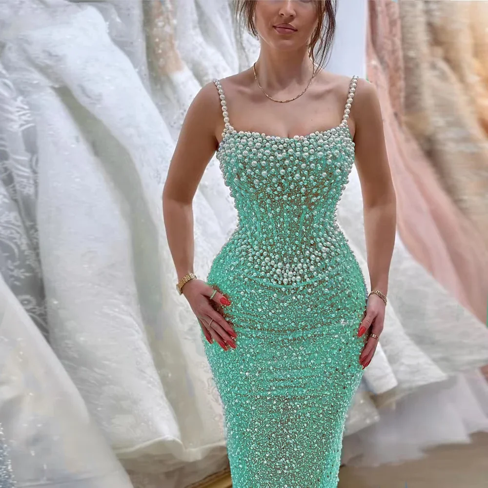 Vinca Sunny Customized Luxurious Pearls Prom Dress for Women Rhinestones Mermaid Spaghetti Straps Robes De Soiree Evening Dress image 2