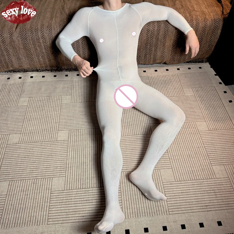

120d Plus Size Sexy Men's Velvet Jumpsuit, Slightly Translucent White, Sexy Silk Stockings, Men's Sexy Jumpsuit Socks