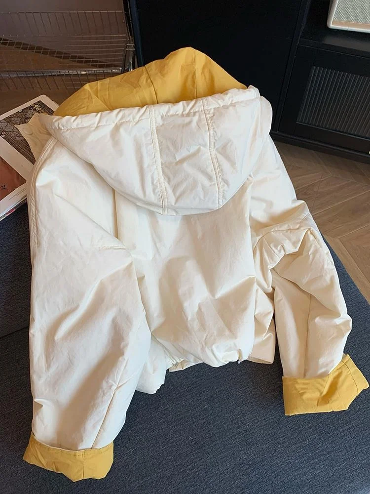 후드가 달린 캐주얼 루즈핏 면 재킷, 컬러 블록 디자인, 가을 겨울 여성용 패션 슬림핏 코트, 긴 소매 폴리에스터 충전재...