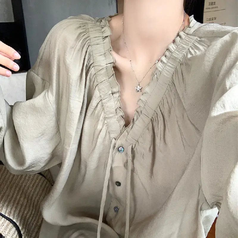 Ruffles V-neck Long Sleeve Shirts Women Leisure Loose Solid Single Breasted Elegant Vintage French Style Spring Autumn Cloth