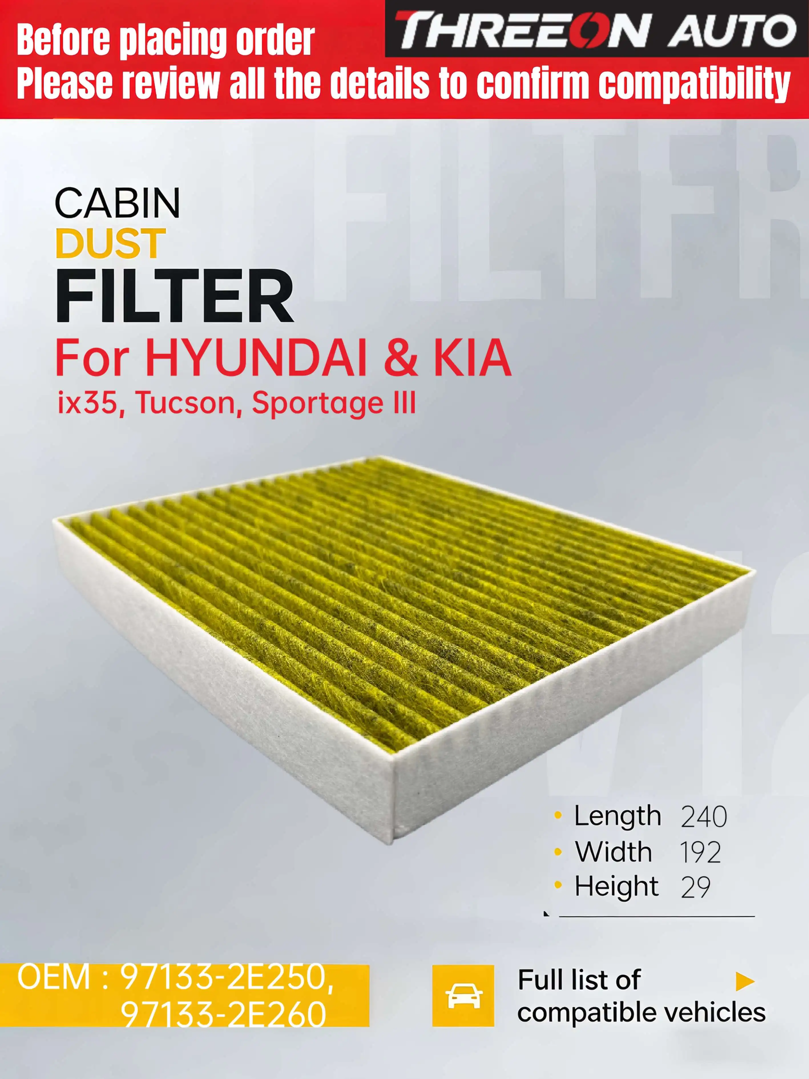 

For Hyundai IONIQ TUCSON 2015-2020 SPORTAGE 4 2015-2022 Activated Carbon Air Cabin Filter 97133-F2100 CUK24024 MK5340P