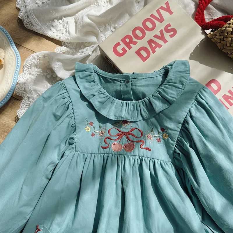 

2025Autumn Children's Clothing Cherry Embroidery Cotton Girls' Dress French Sweet Ruffle Long Sleeve Children's Dress