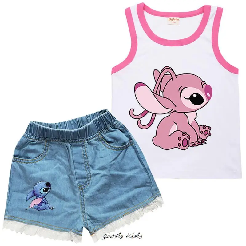 Hot Cotton Toddler Girls Clothes Lilo And Stitch Top abbigliamento estivo per bambini maglietta senza maniche + pantaloncini di Jeans 2 pezzi tuta