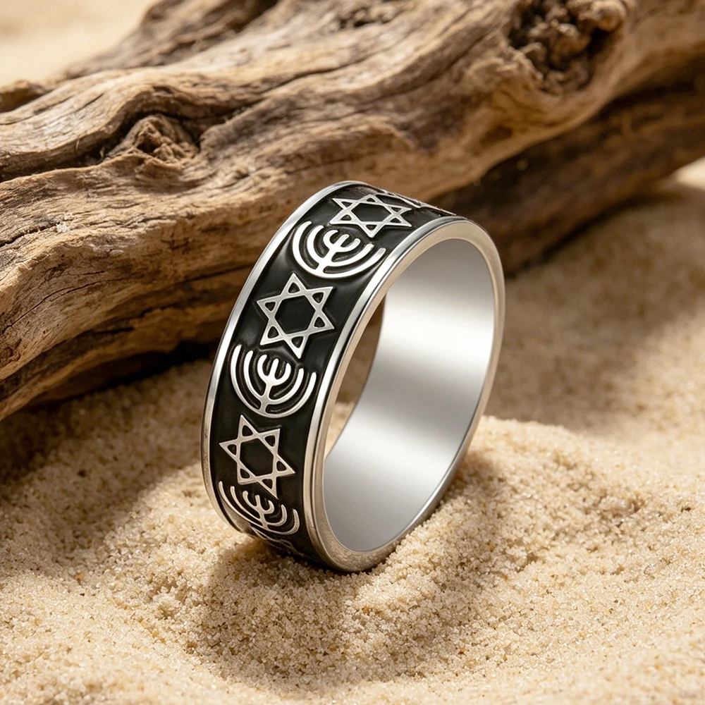 Star of David Menorah Ring Jewish Faith Symbol Protection Amulet Stainless Steel Judaism Jewelry Shabbat Hanukkah Gifts